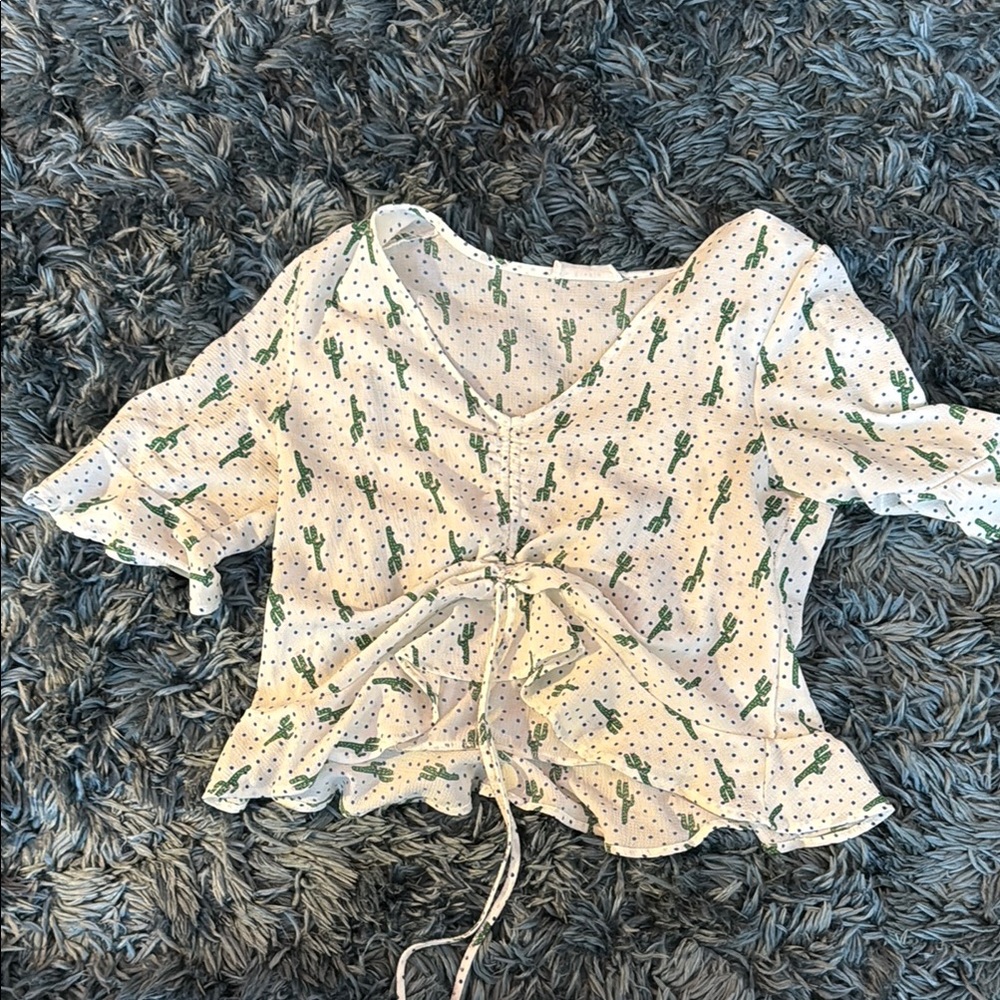 Cactus Print Tie-Front Blouse